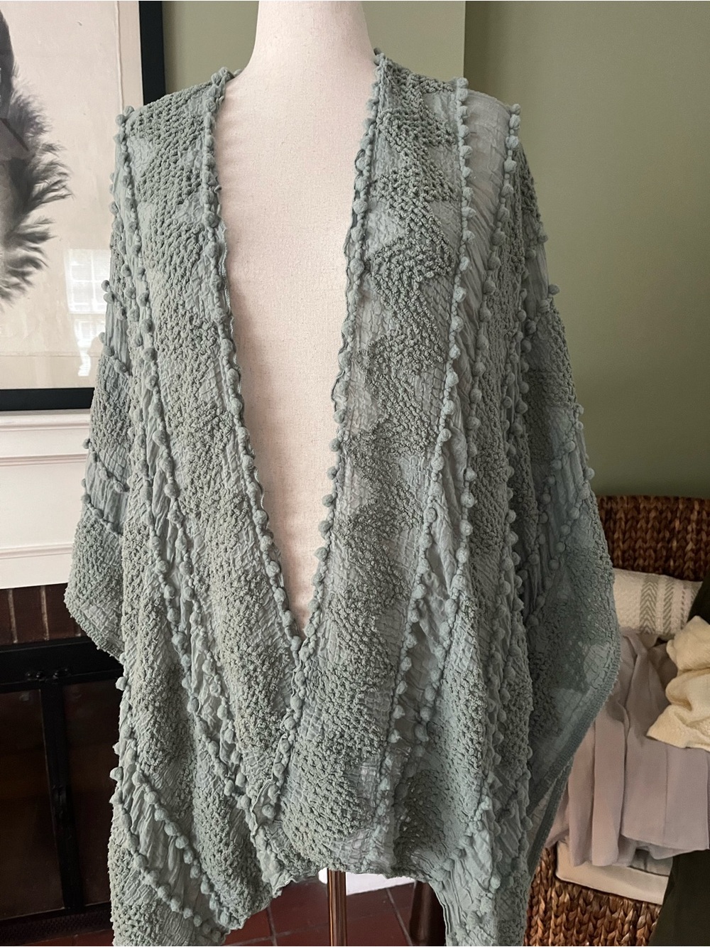 Sage Green Pom Pom Kimono Wrap | Textured Open Front - Picture 4 of 7